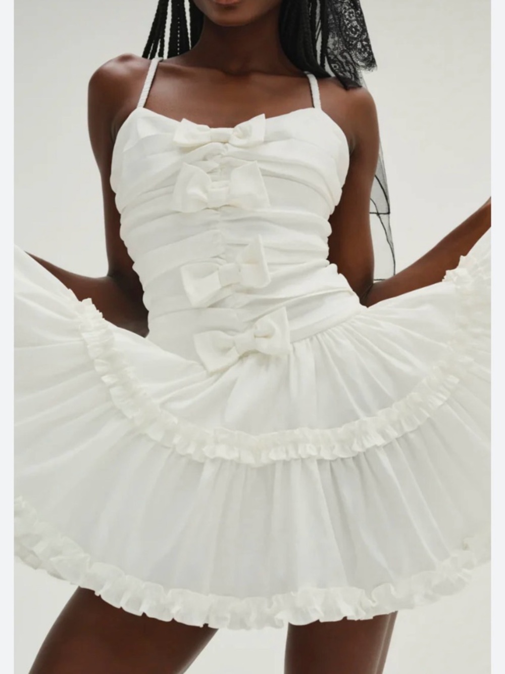 For Love & Lemons White Bow-Front Tiered Mini Dress. XL - Picture 2 of 3